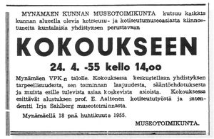 Kuva lehti-ilmoituksesta, jossa kutsutaan Mynämäen kotiseutuyhdistyksen perustamiskokoukseen 24. 4. 1955